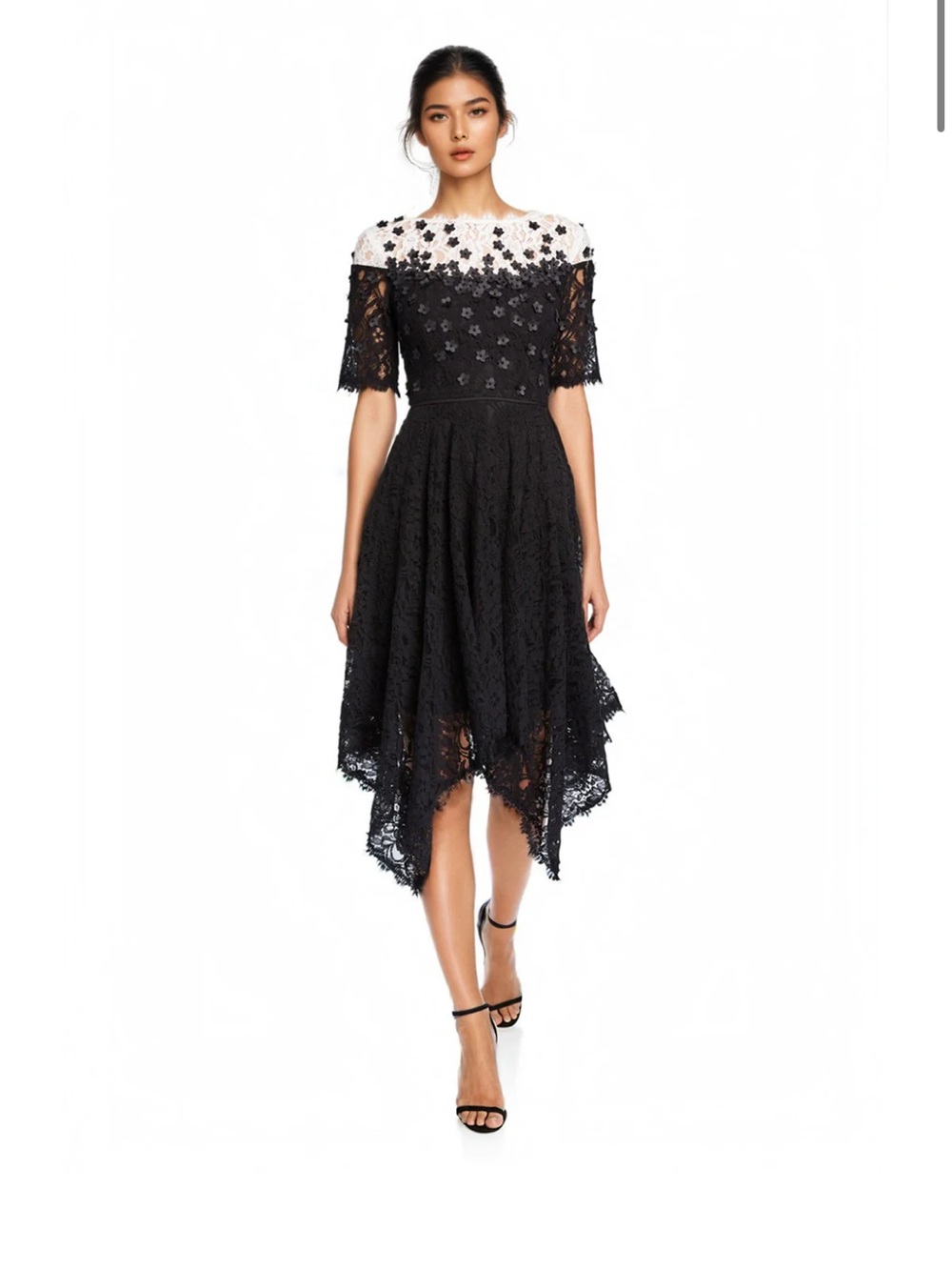 Focus By Shani Floral Applique Lace Handkerchief Dress